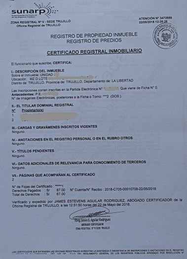 documento emitido por SUNARP: certificado registral inmobiliario CRI